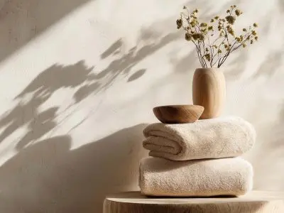 Neutral-toned spa scene minimalist decor. features soft towels, a wooden bowl, and dried flowers in a vase, creating a calming and serene atmosphere. ideal for relaxation-focused print materials or spa-themed posters.